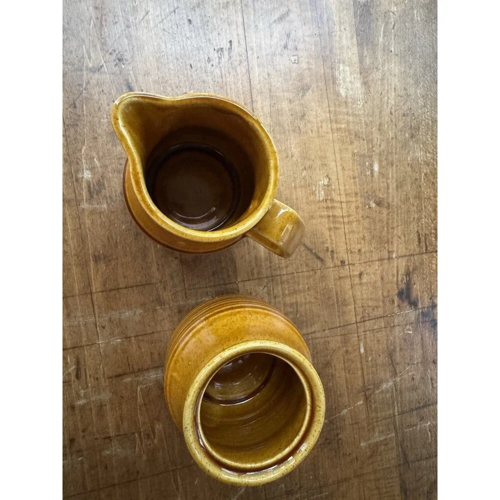 Homer Laughlin Co. Brown/Mustard Glazed Pottery Creamer And Sugar Set  No Lid